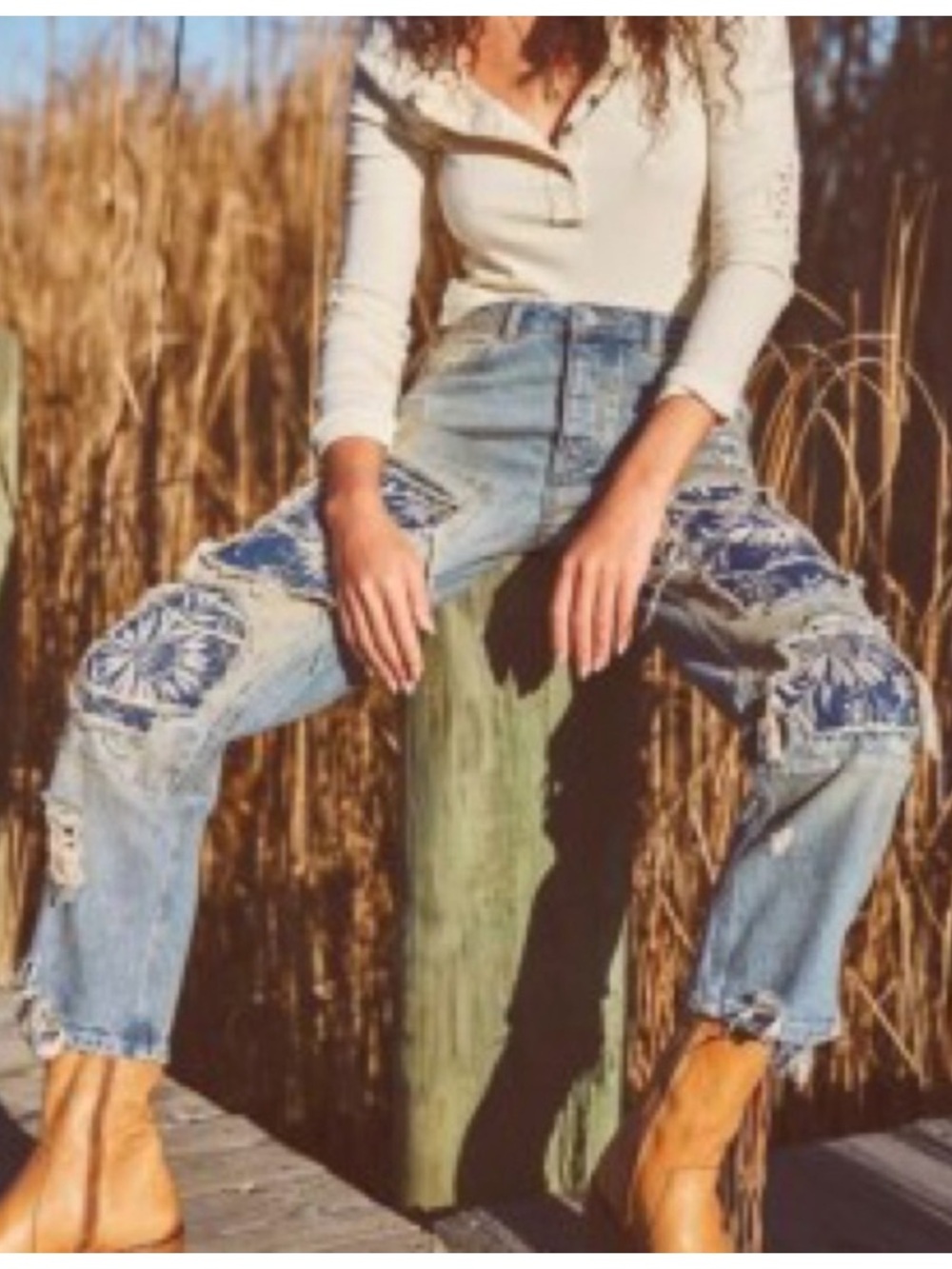 Free People We The Free 29 Distressed Floral Patchwork Boyfriend Jeans